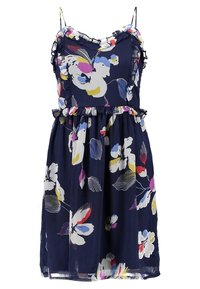 Robe bleu marine avec motif floral coloré, bretelles à volants et taille ajustée, fabriquée en tissu léger avec une jupe fluide.