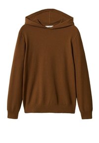 Bruine hoodie van rib stof, met een capuchon met trekkoord, lange mouwen en een ontspannen pasvorm, met rekbare manchetten en onderkant.