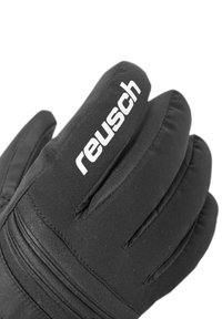 Schwarzer, isolierter Handschuh mit gepolstertem Design, versehen mit einem weißen "Reusch"-Logo und genähten Details auf der Handfläche und den Fingern.