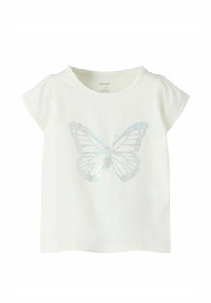White short-sleeve toddler T-shirt with a large shiny silver butterfly graphic on the front, featuring a round neckline.
