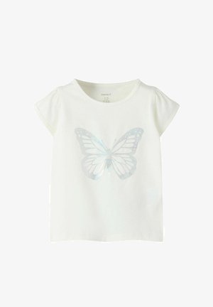 White short-sleeve toddler T-shirt with a large shiny silver butterfly graphic on the front, featuring a round neckline.