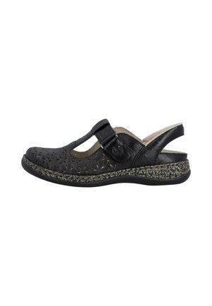 Schwarze Leder-Sandale mit offenem Fersenbereich, ausgeschnittenen Mustern, verstellbarem Riemen und gesprenkelter, strukturierter Sohle, gestaltet für Komfort und Belüftung.