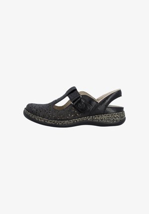 Schwarze Leder-Sandale mit offenem Fersenbereich, ausgeschnittenen Mustern, verstellbarem Riemen und gesprenkelter, strukturierter Sohle, gestaltet für Komfort und Belüftung.