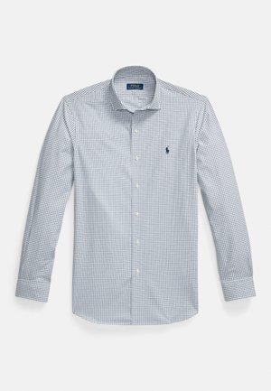 Camisa de abotoar com padrão vichy azul e branco, material de algodão, mangas compridas e colarinho clássico. Logótipo bordado no peito.