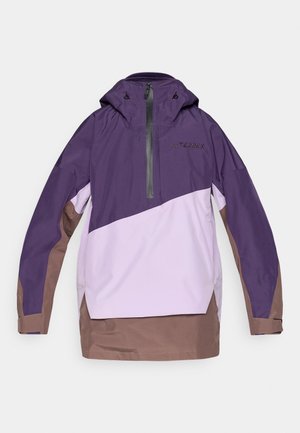 Paarse en lichtlavendel windbreaker met een halve ritssluiting, verstelbare capuchon en een bruine zoom. Beschikt over geometrische kleurvastlegging en logo-details.