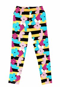 Leggings colorati realizzati in tessuto elasticizzato, decorati con grandi motivi floreali in rosa, blu e bianco su sfondo a strisce gialle e nere.