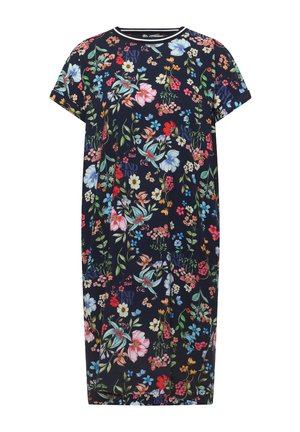 Marineblauwe jurk met korte mouwen en een kleurrijk bloemmotief met diverse bloemen en groene bladeren.