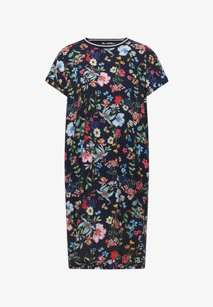 Vestido azul marino de manga corta con un colorido estampado floral que presenta varias flores y hojas verdes.