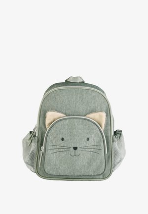 Gray fabric backpack with a cat face design. Features include mesh side pockets, zippered compartments, and soft ear accents.