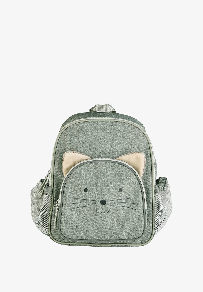 Grau farbener Stoff-Rucksack mit einem Katzengesicht-Design. Zu den Merkmalen gehören Mesh-Seitentaschen, Reißverschlussfächer und weiche Ohrenakzente.