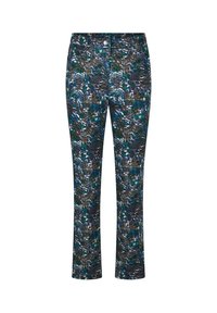 Pantaloni stampati con un mix di colori blu, verde e marrone, caratterizzati da un motivo fluido e testurizzato e una linea dritta.