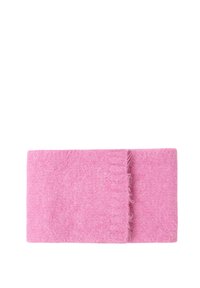 Roze wollen sjaal, rechthoekige vorm, gestructureerd oppervlak met subtiele pluizen, met een licht rafelige rand voor detail.
