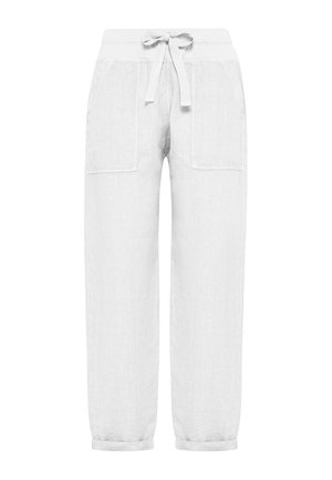 Pantalon blanc décontracté avec taille élastique, poches plaquées à l'avant, cordon de serrage et ourlets retroussés.