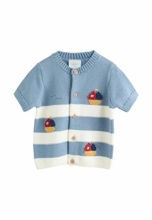 Svetlo modra pletena kratka jopica z belimi črtami, lesenimi gumbi in vezenimi ladjicami v rdeči in mornarsko modri barvi na sprednji strani.