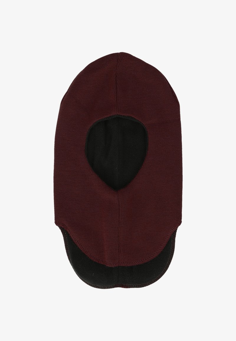 Cagoule en tricot bordeaux avec une grande ouverture pour le visage et une doublure intérieure noire, conçue pour couvrir complètement la tête et le cou.