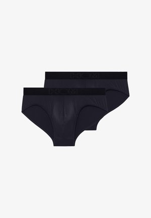 Mørkeblå briefs lavet af blødt stof, med en logo-præget elastisk talje. To par vist side om side.