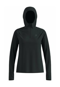 Maglietta nera a maniche lunghe con cappuccio e design a zip a quarto, caratterizzata da un tessuto liscio e elastico e dettaglio del logo riflettente sul petto.