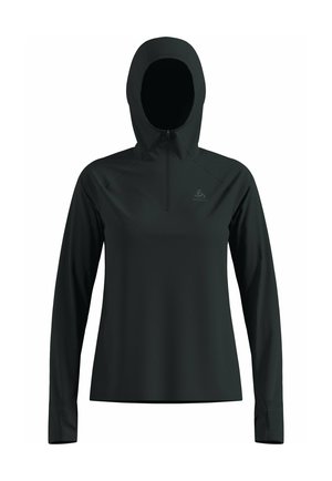 Schwarzes langärmliges Kapuzenshirt mit einem Viertelreißverschluss-Design, aus einem glatten, dehnbaren Stoff und mit reflektierendem Logodetail auf der Brust.