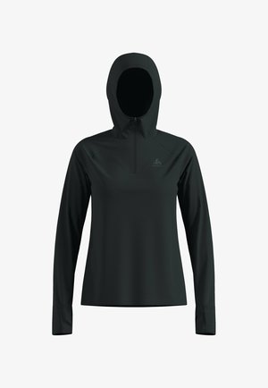 Schwarzes langärmliges Kapuzenshirt mit einem Viertelreißverschluss-Design, aus einem glatten, dehnbaren Stoff und mit reflektierendem Logodetail auf der Brust.