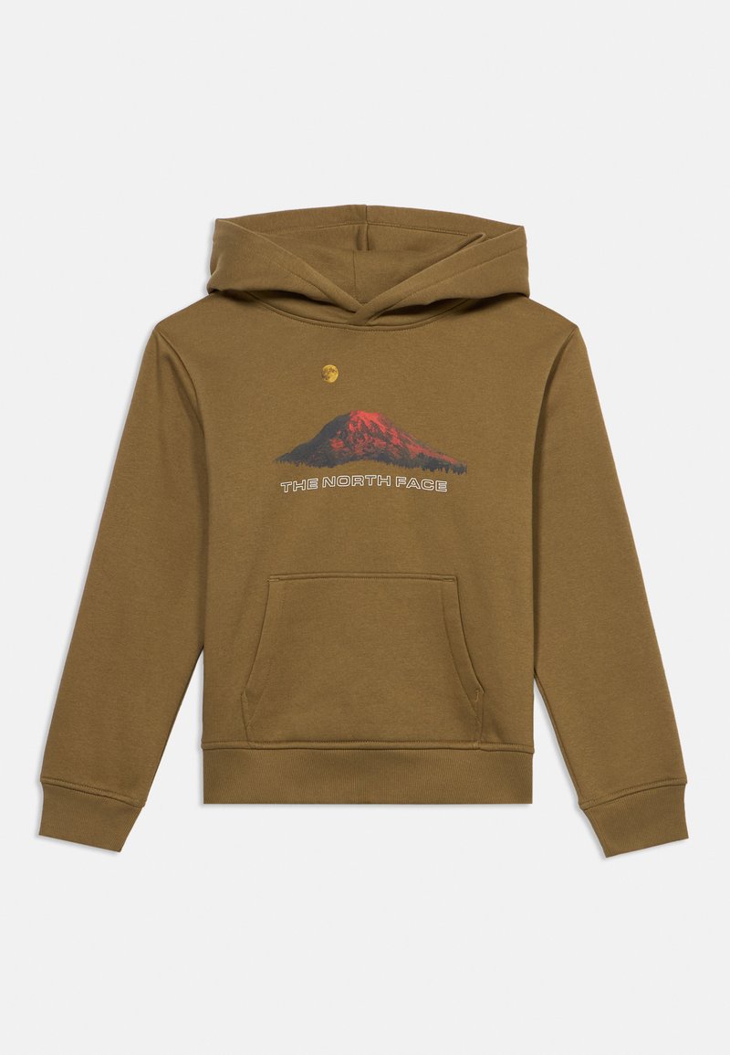 Καφέ φούτερ με κουκούλα και εμπρόσθια τσέπη, διακοσμημένο με κόκκινο γραφικό βουνού, κίτρινο φεγγάρι και το κείμενο "The North Face" στο στήθος.