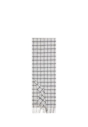 Wool scarf in light gray with a black grid pattern. Features fringed edges, soft texture, and rectangular shape.