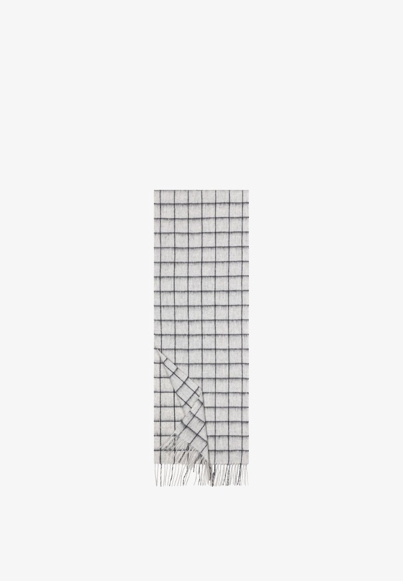 Wool scarf in light gray with a black grid pattern. Features fringed edges, soft texture, and rectangular shape.