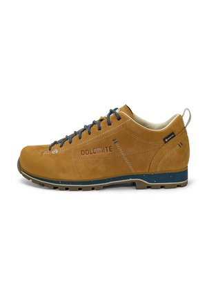 Scarpa da trekking in pelle marrone con lacci blu, brand "DOLOMITE", etichetta Gore-Tex e suola in gomma robusta per uso outdoor.