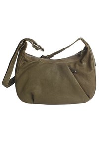 Borsa a mano in pelle verde oliva con finitura texture, chiusura con zip e tracolla regolabile. Presenta cuciture sottili e una tasca laterale.