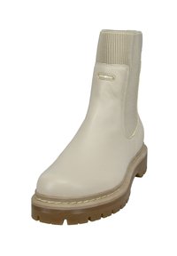 Beige läderankelkänga med texturerad elastisk sidopanel, kraftig gummisula och sydda detaljer längs kanten.