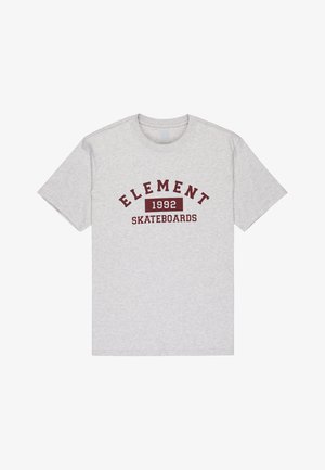 Grijze katoenen T-shirt met een bordeauxrode "ELEMENT 1992 SKATEBOARDS" grafiek, korte mouwen en een ronde hals.