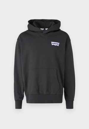 Black sweatshirt with a hood, kangaroo pocket, and a purple Levi's logo on the chest. Made of soft fabric, featuring ribbed cuffs.