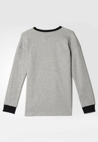 Maglietta grigia a maniche lunghe con scollo e polsini neri, realizzata in tessuto morbido, con un design semplice e senza decorazioni.