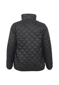 Black quilted jacket with a high collar, featuring a diamond pattern and elastic waistband. Smooth, shiny texture. Back view.
