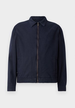 Navy blue jacket featuring a classic collar, front zipper closure, two side pockets, and a smooth, lightweight fabric texture.