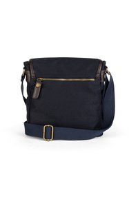 Borsa a spalla in tela di colore blu navy, con dettagli in pelle marrone, una tasca anteriore con zip e una tracolla testurizzata con una fibbia in metallo.