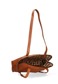 Bruine leren tas met een ritssluiting, twee handvaten en een gevoerde binnenkant met een patroon waarbij rasteraccenten zijn gebruikt. Zijaanzicht toont de vorm van de tas.