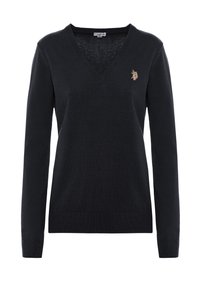 Maglione a v blu navy, materiale lavorato a maglia, maniche lunghe, polsini e orlo a coste, con un piccolo logo ricamato sul lato sinistro del petto.