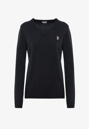 Maglione a v blu navy, materiale lavorato a maglia, maniche lunghe, polsini e orlo a coste, con un piccolo logo ricamato sul lato sinistro del petto.