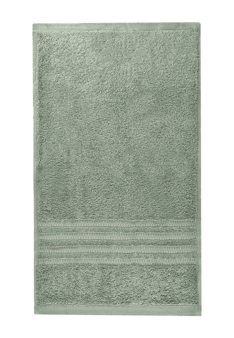 Asciugamano in cotone verde con una superficie testurizzata, caratterizzato da un motivo a righe vicino al fondo. Forma rettangolare, morbido e assorbente.