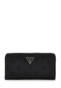 Portefeuille en simili cuir noir avec des détails de logo embossés, un accent de logo en triangle argenté et une fermeture zippée. Forme rectangulaire.