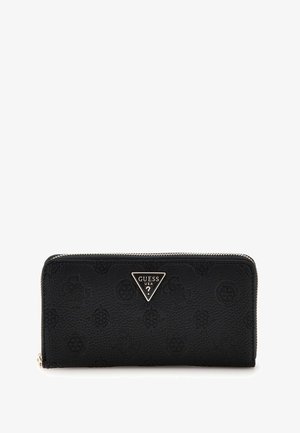 Portefeuille en simili cuir noir avec des détails de logo embossés, un accent de logo en triangle argenté et une fermeture zippée. Forme rectangulaire.