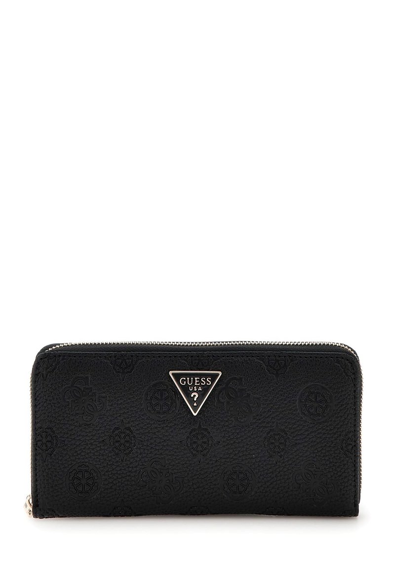 Portefeuille en simili cuir noir avec des détails de logo embossés, un accent de logo en triangle argenté et une fermeture zippée. Forme rectangulaire.