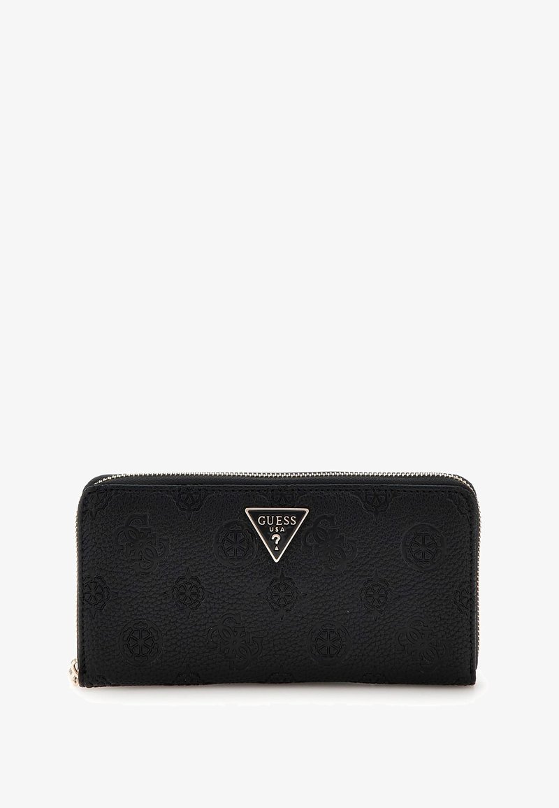 Portefeuille en simili cuir noir avec des détails de logo embossés, un accent de logo en triangle argenté et une fermeture zippée. Forme rectangulaire.