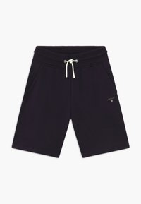 Navy blue cotton blend shorts with an elastic waistband, cream drawstring, two side pockets, and a small logo detail on the leg.