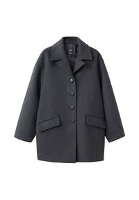 Abrigo de lana gris oscuro con cuello con solapa, seis botones en la parte delantera y dos bolsillos laterales. Presenta un ajuste relajado y una tela texturizada.