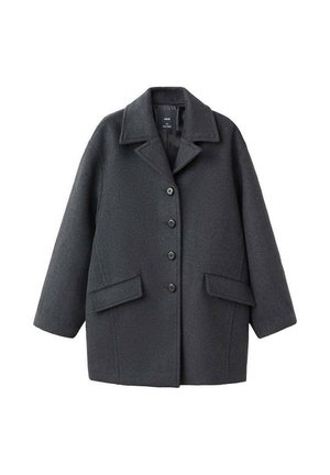 Tamnosivi vuneni kaput s ovratnikom, šest gumba sprijeda i dva bočna džepa. Ima opušteni kroj i teksturiranu tkaninu.