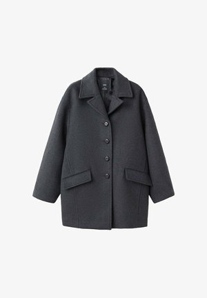 Tamnosivi vuneni kaput s ovratnikom, šest gumba sprijeda i dva bočna džepa. Ima opušteni kroj i teksturiranu tkaninu.