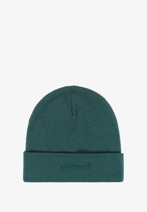 Teal strikket hue med foldet kant og broderet logo. Blød tekstur og sømløst topdesign. Ensartet farve og form, alsidig i stil.