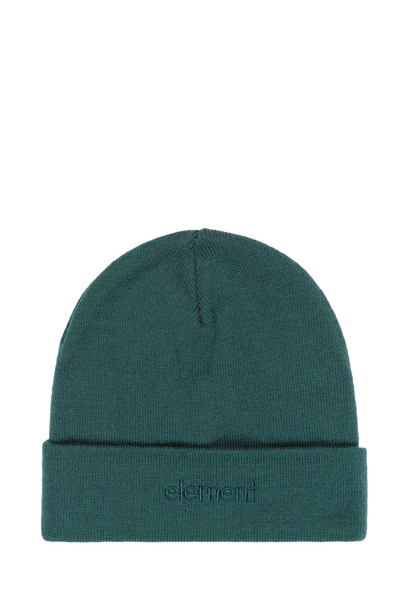 Gorro de punto verde azulado con un puño doblado y logotipo bordado. Textura suave y diseño de parte superior sin costuras. Color y forma uniformes, versátil en estilo.