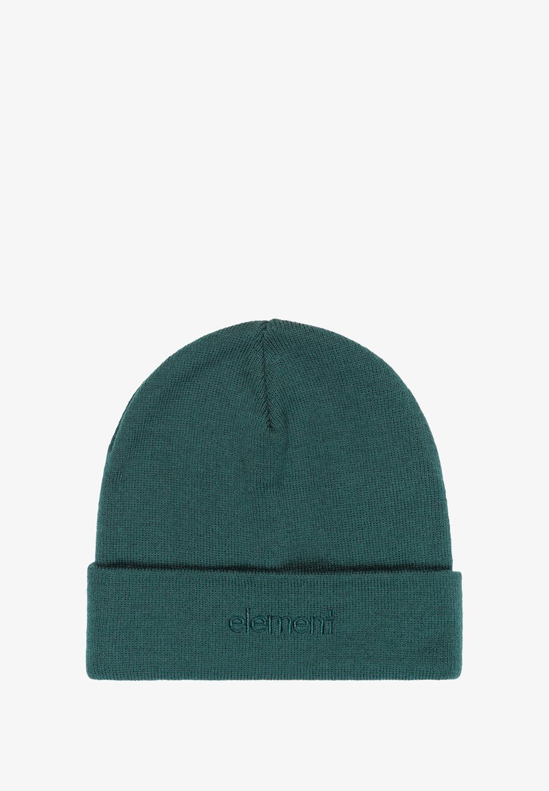 Teal knit beanie with a folded cuff and embroidered logo. Soft texture and seamless top design. Uniform color and shape, versatile in style.